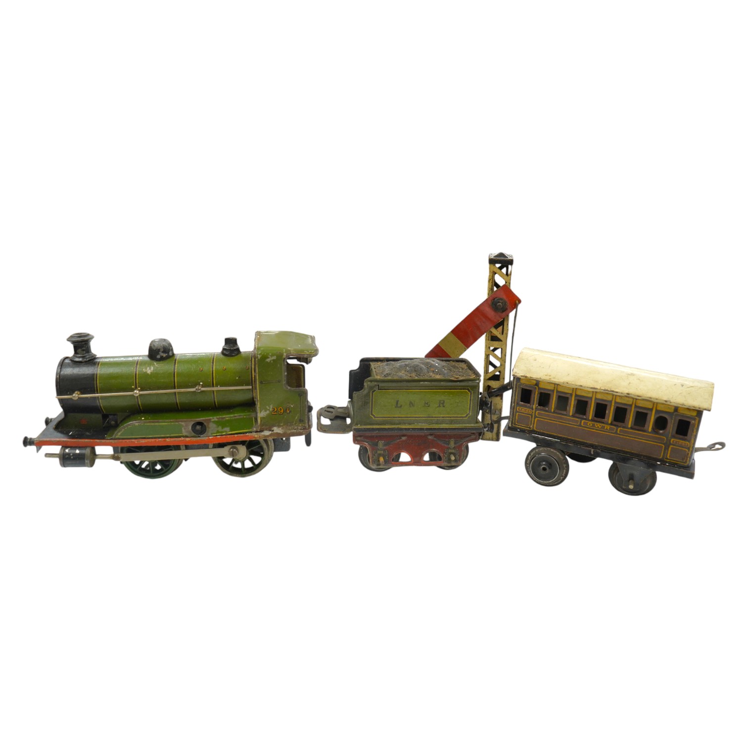 A Bing 0 gauge clockwork tinplate LNER 0-4-0 tender locomotive, 294, together with a GWR 4-wheel coach, the body of another, etc. Condition - poor to fair.